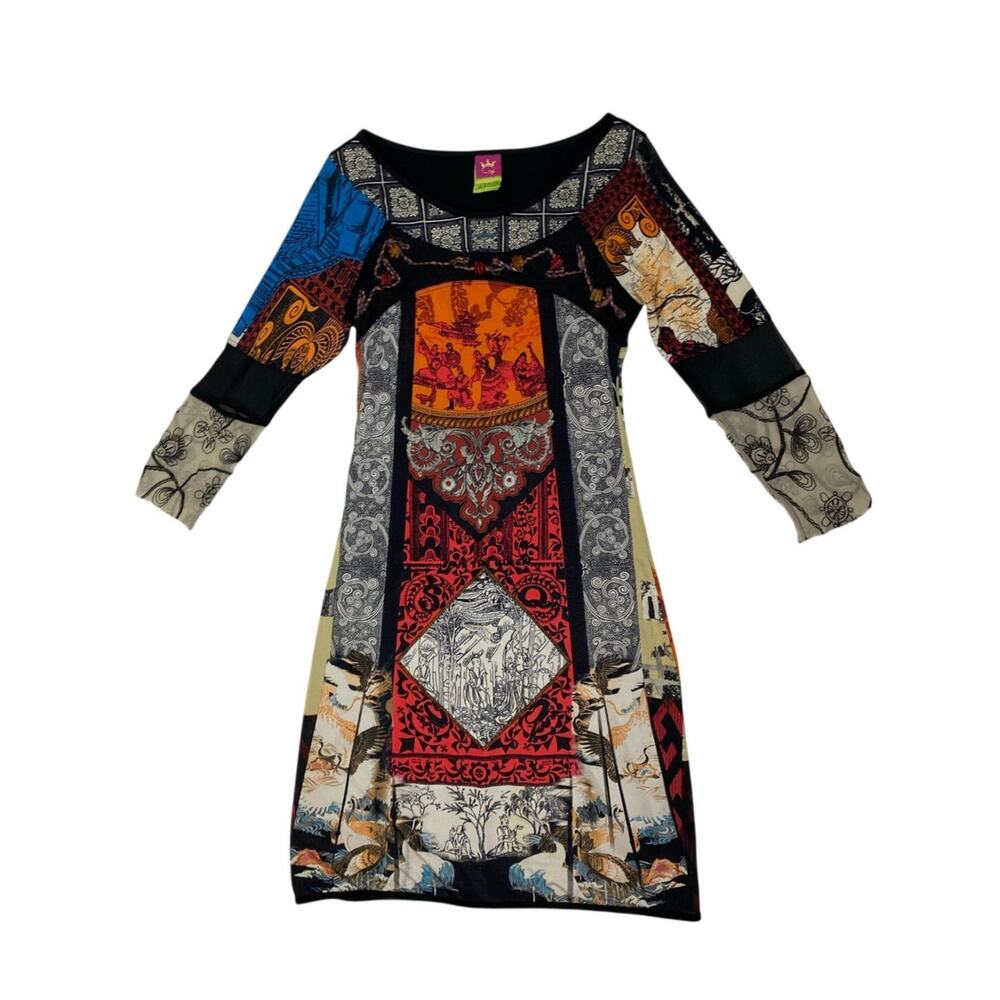 Save The Queen Multi Print 3/4 Sleeve Midi Dress